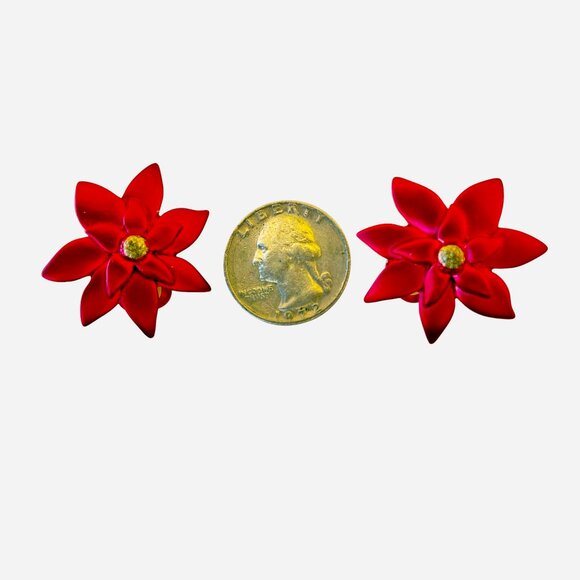 Vintage Red Matte Poinsettia Flower Clip-on Earrings - Picture 10 of 11